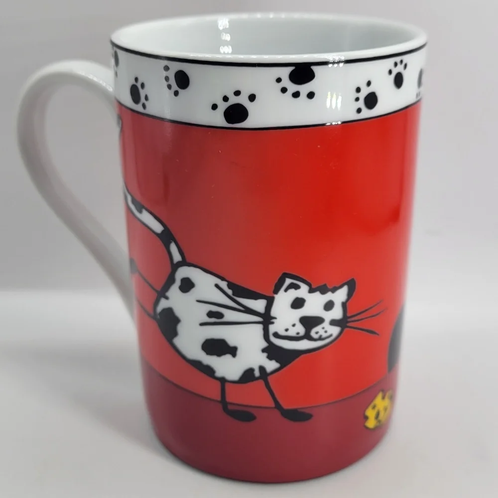 Pier 1 Imports Porcelain Cat Cheese Mousev Mug Red Black White 8 Oz Thailand